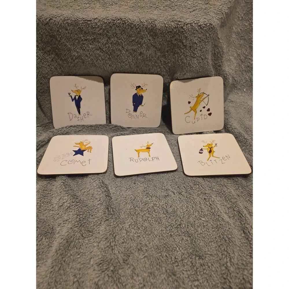 Pottery Barn Reindeer Cork Coasters Christmas Reindeer Rudolph Set Of 6